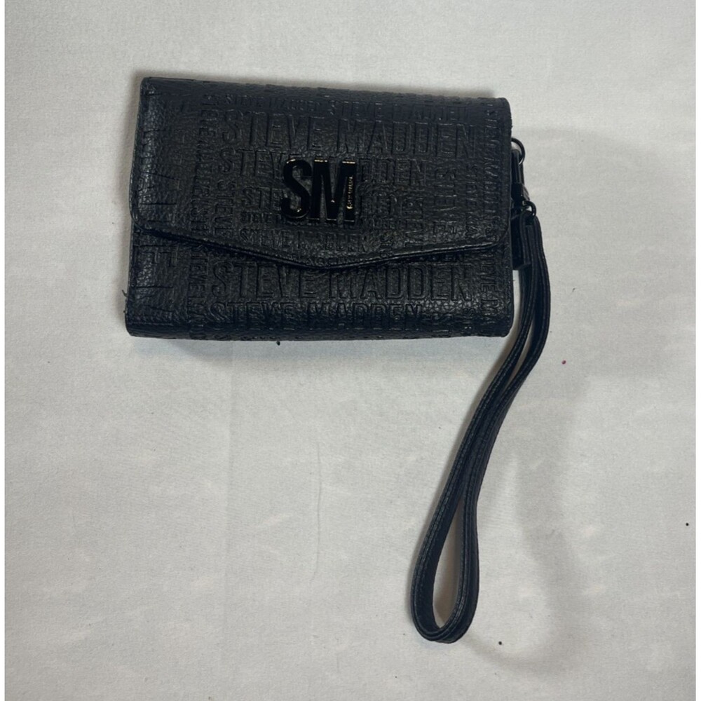 Steve Madden Black Embossed Logo Wristlet Wallet Foldable Wrist Strap
